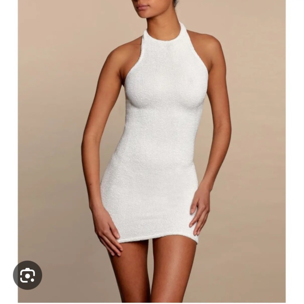 Hunza G Swim Resortwear White High Neck Seersucker Halter mini Dress XS/S
